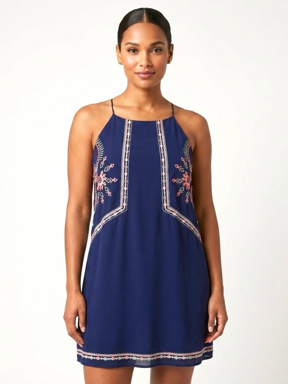 Blu Pepper Boho Embroidered Mini Dress Navy Blue Small NWT Lined Geometric